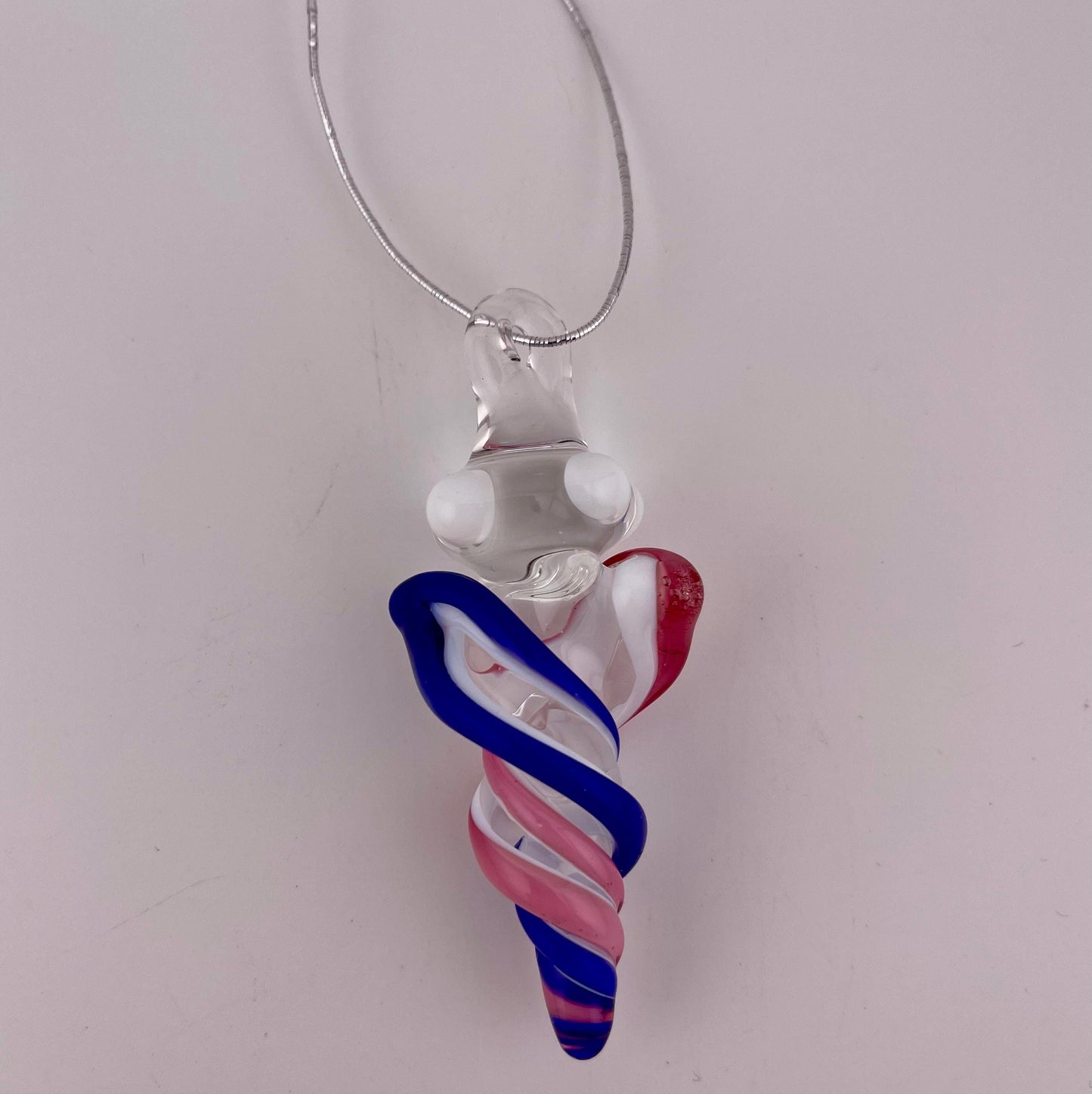 Mini Glass Icicle Ornament with Talemagenta and Cobalt Blue over Lotus White Color Twist