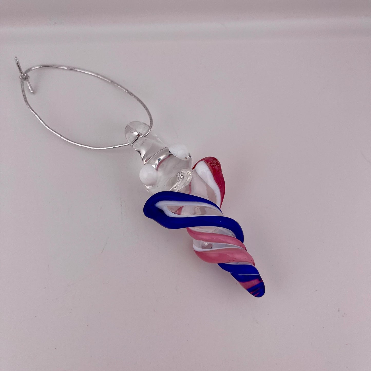 Mini Glass Icicle Ornament with Talemagenta and Cobalt Blue over Lotus White Color Twist