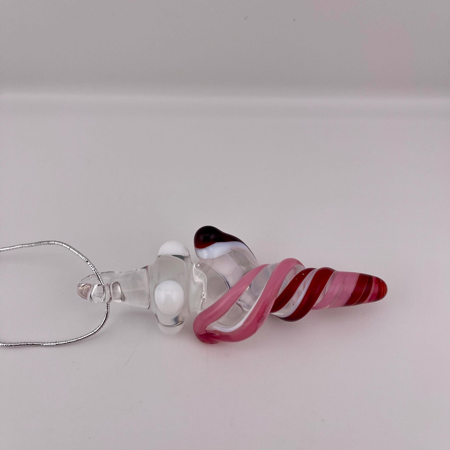 Mini Glass Icicle Ornament with Pink and Elvis Red over Lotus White Color Twist