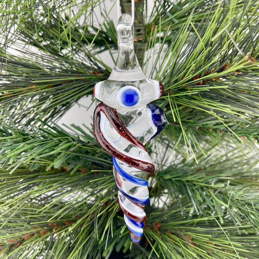 Large Blizzard Red and Blizzard Blue over Lotus White Glass Icicle Christmas Ornament