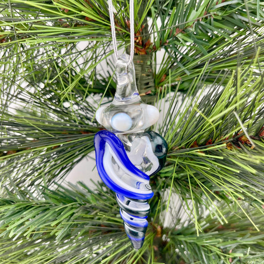 Mini Glass Icicle Ornament with Heavy Blue Leprechaun and Cobalt Blue over Lotus White Color Twister