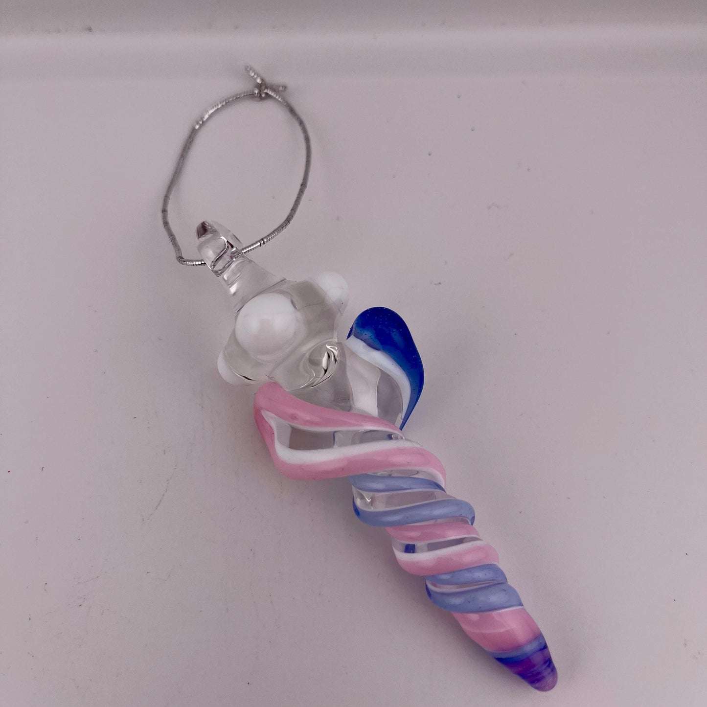 Mini Glass Icicle Ornament with Pink and Light Blue over Lotus White Color Twist