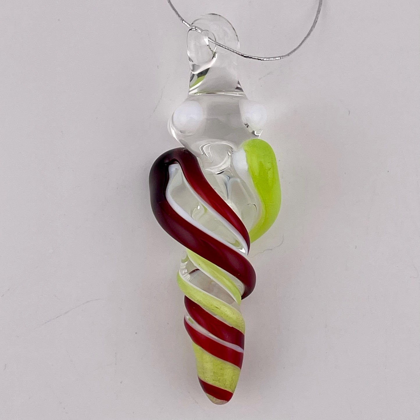 Mini Glass Icicle Ornament with Elvis Red and Green Slime over Lotus White Color Twister