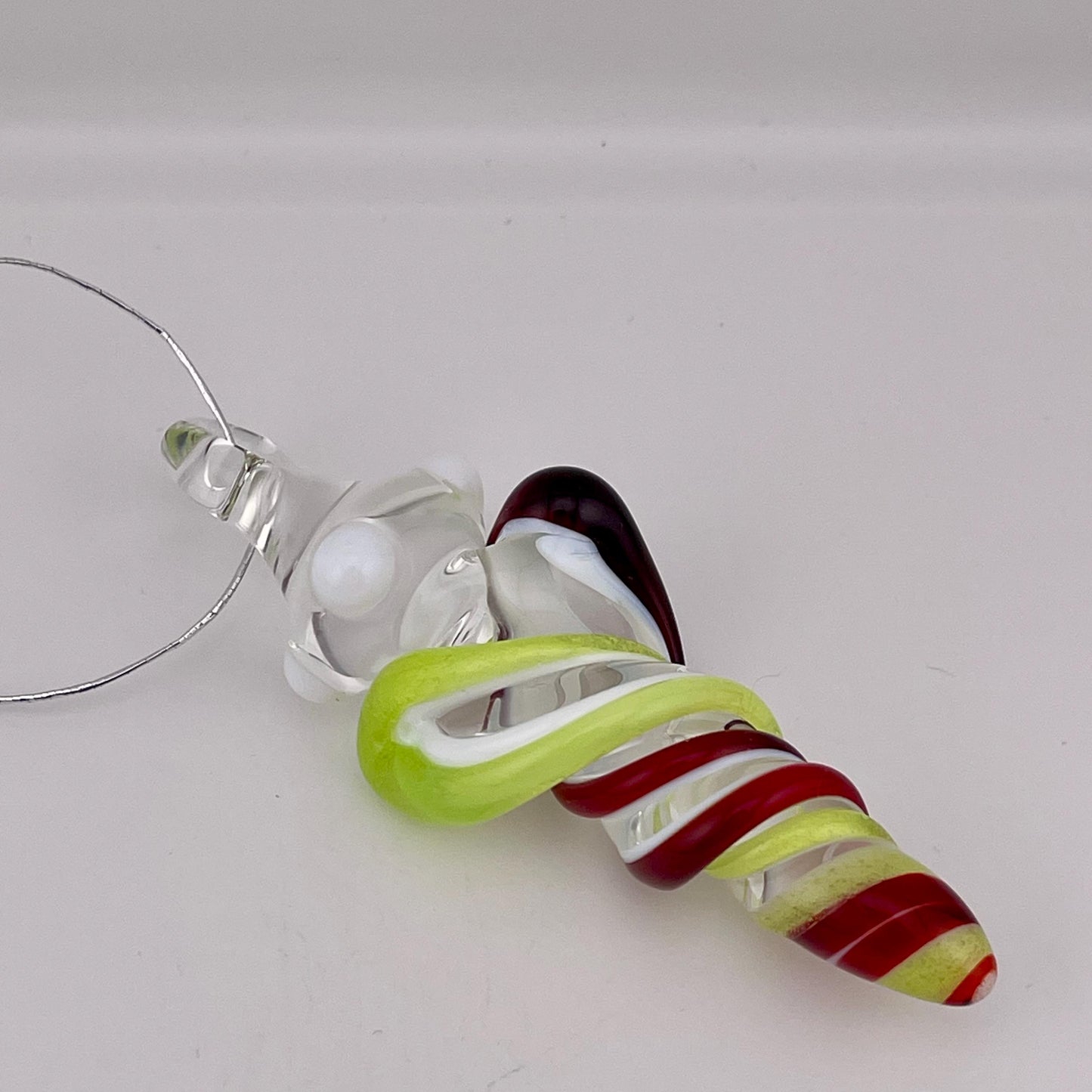 Mini Glass Icicle Ornament with Elvis Red and Green Slime over Lotus White Color Twister