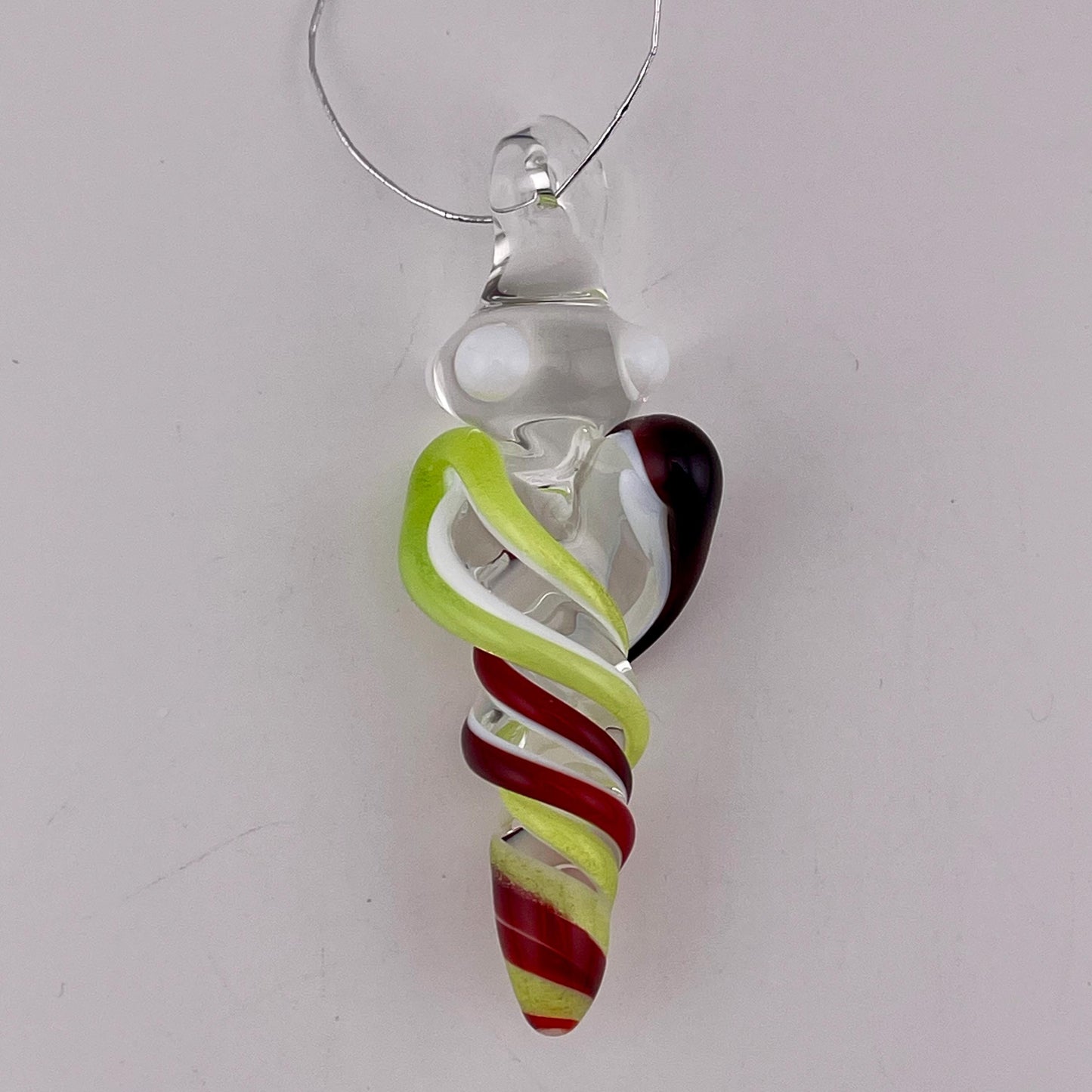 Mini Glass Icicle Ornament with Elvis Red and Green Slime over Lotus White Color Twister