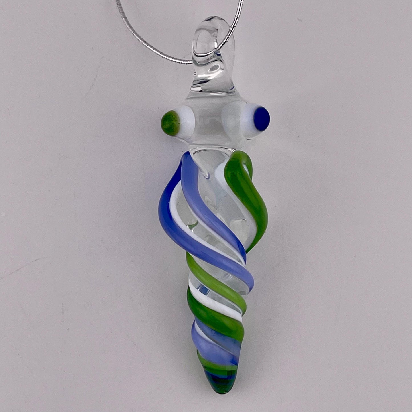 Mini Glass Icicle Ornament with Plantphibian Green and Light Blue over Lotus White Color Twist