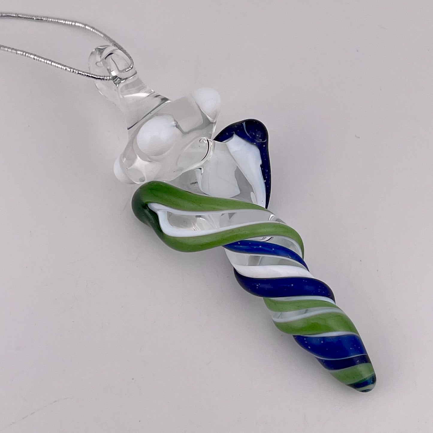 Mini Glass Icicle Ornament with Blizzard Blue and Sparkly Green over Lotus White Color Twist