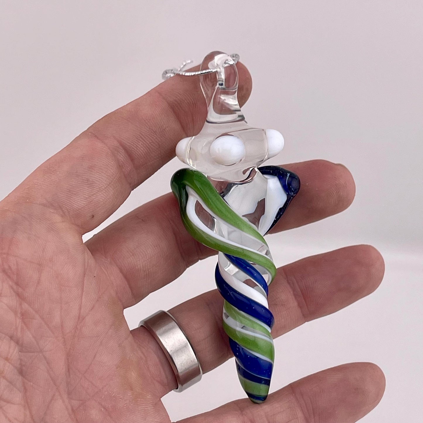 Mini Glass Icicle Ornament with Blizzard Blue and Sparkly Green over Lotus White Color Twist