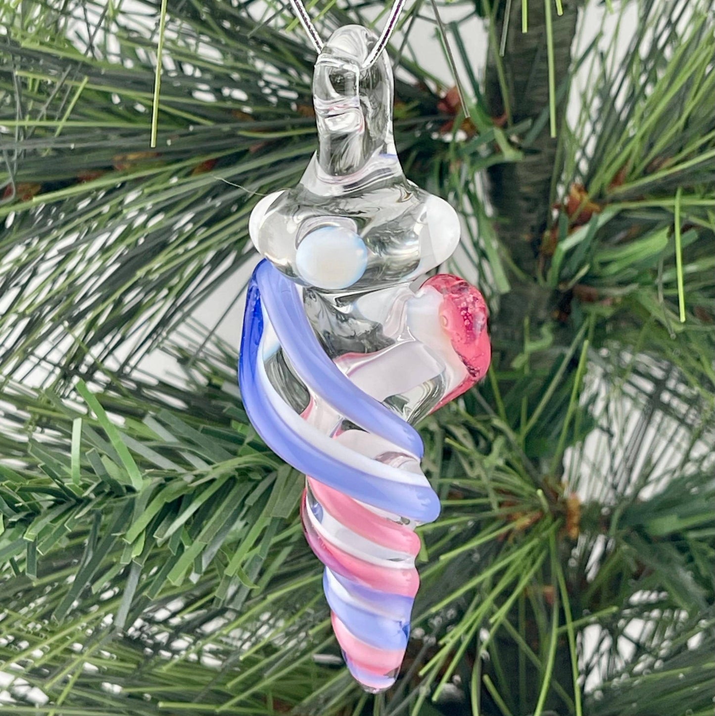 Mini Glass Icicle Ornament with Telemagenta and Light Blue over Lotus White Color Twist