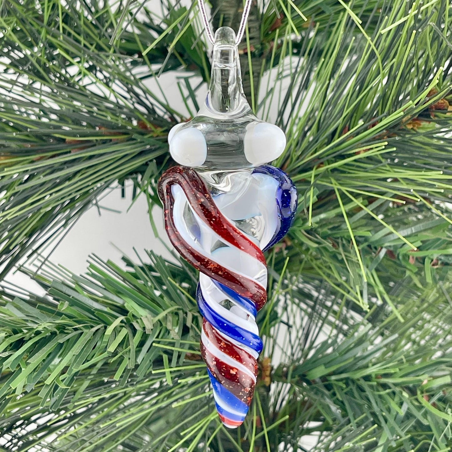 Mini Glass Icicle Ornament with Blizzard Red and Blizzard Blue over Lotus White Color Twist