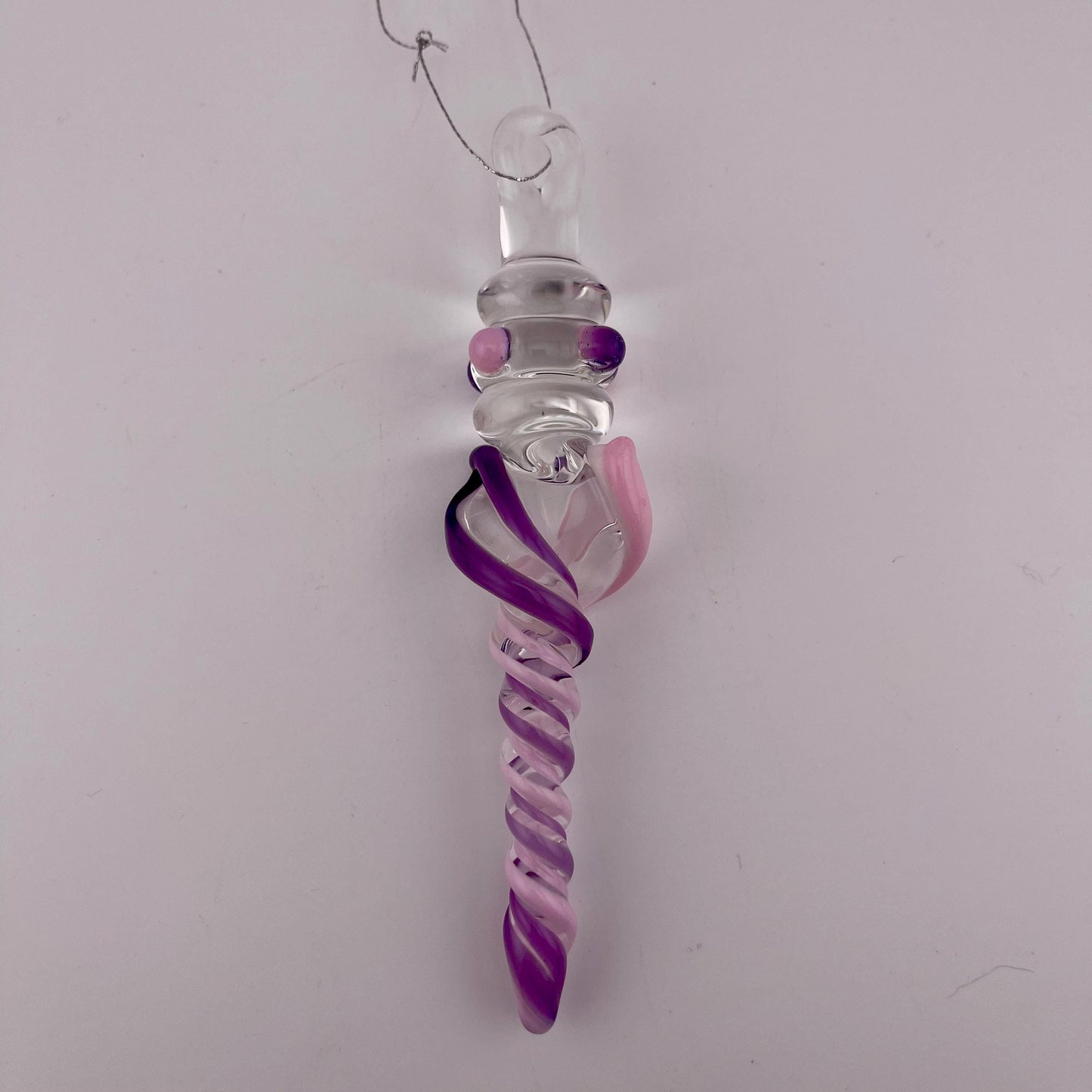 Large Maria Purple and Pink over White Glass Icicle Christmas Ornament