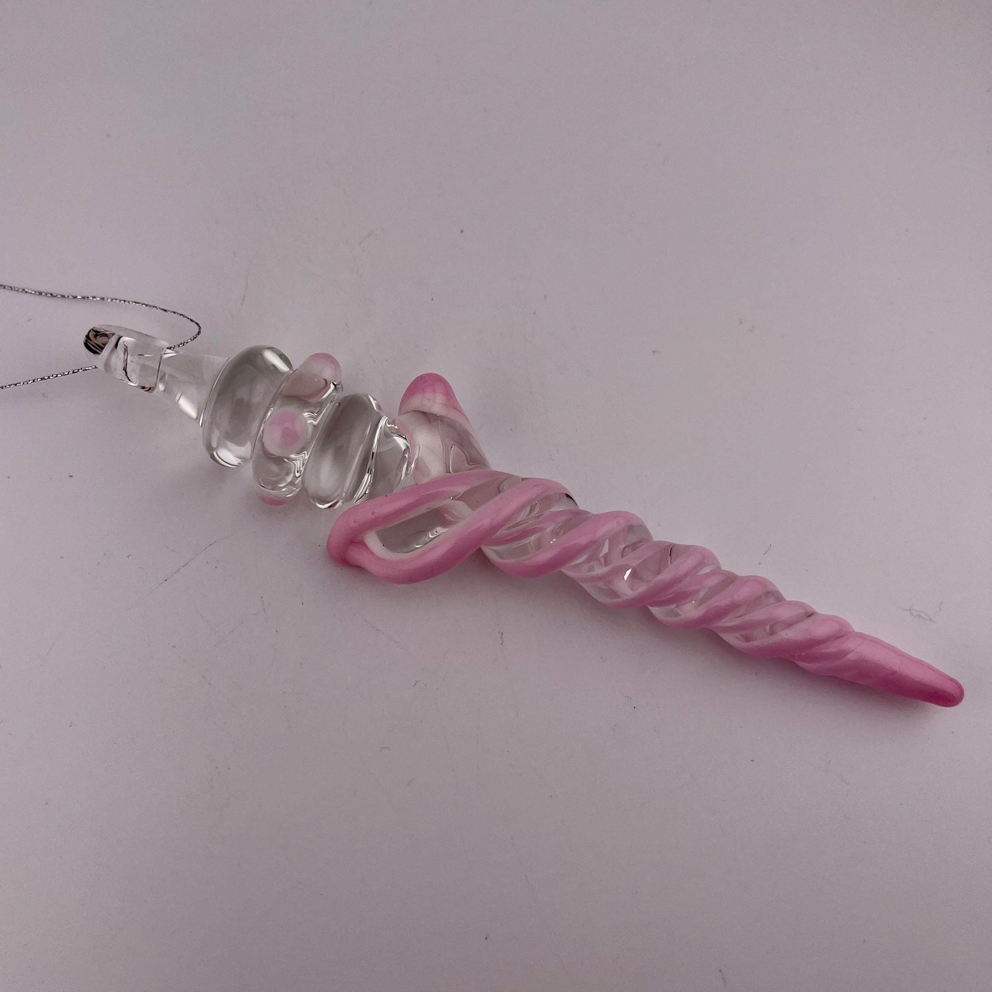 Large Maria Pink over White Glass Icicle Christmas Ornament