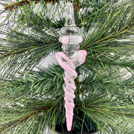 Large Maria Pink over White Glass Icicle Christmas Ornament