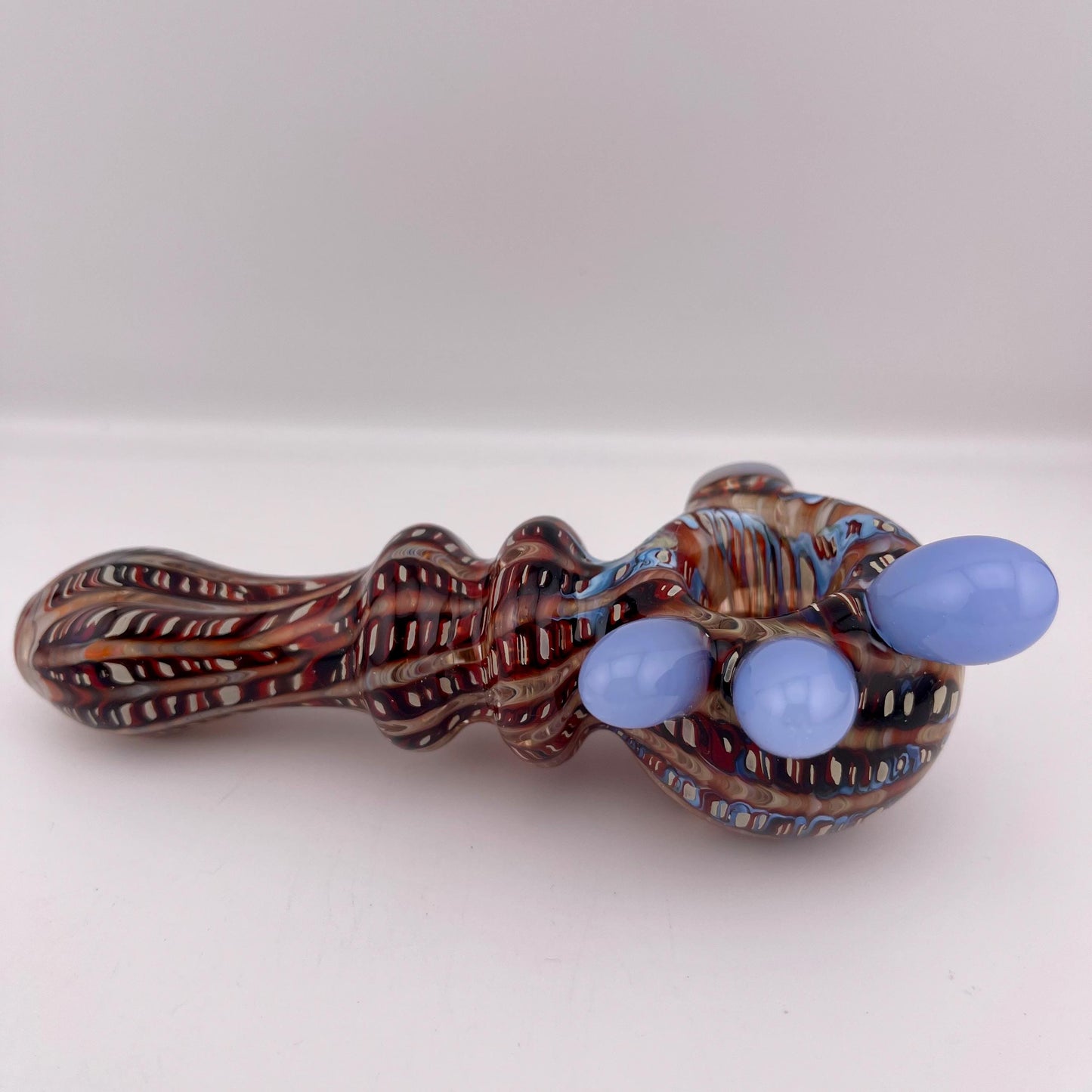 Wrap n Raked Dark Red and Silver Fumed Spoon Pipe with light blue marbles