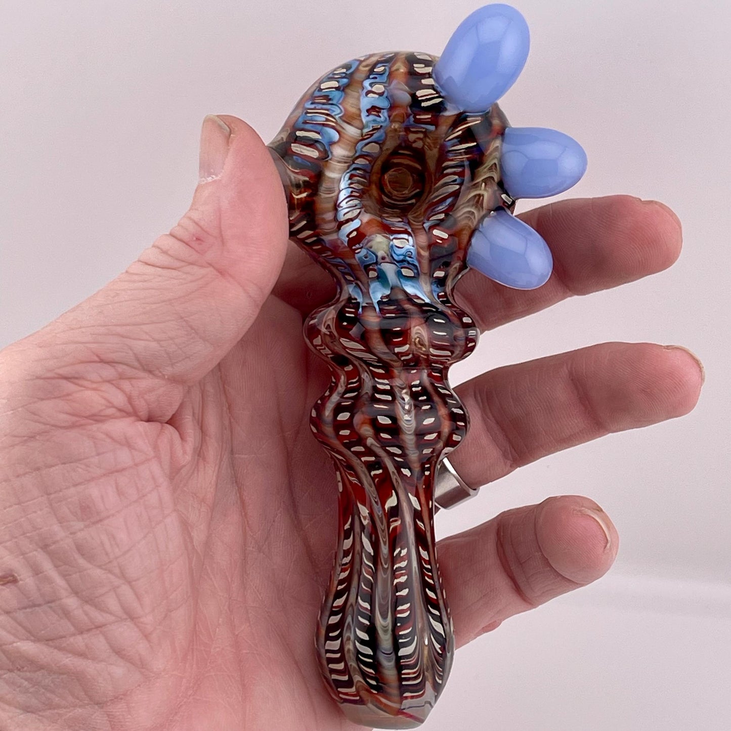 Wrap n Raked Dark Red and Silver Fumed Spoon Pipe with light blue marbles