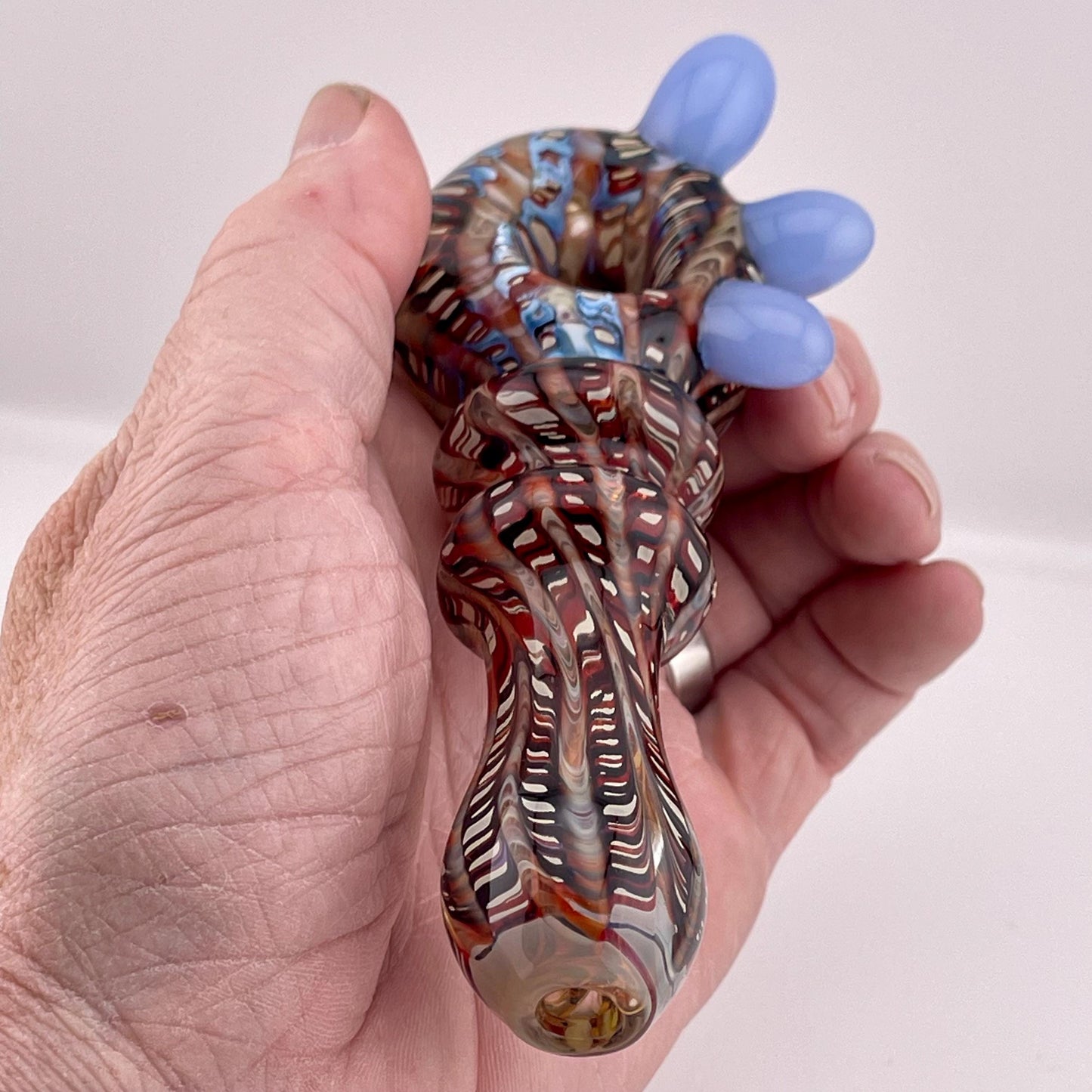 Wrap n Raked Dark Red and Silver Fumed Spoon Pipe with light blue marbles