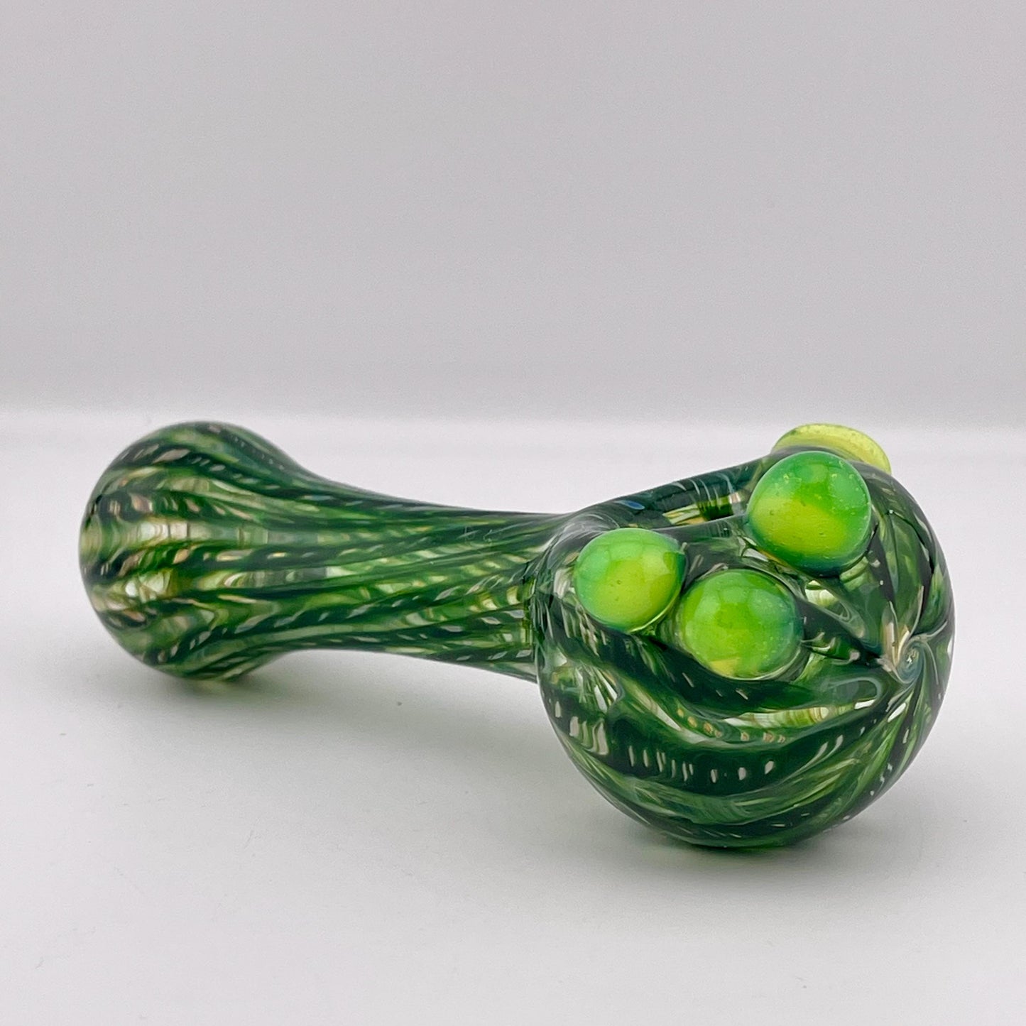 Wrap n Raked Green  Silver Fumed Spoon Pipe with slime green marbles