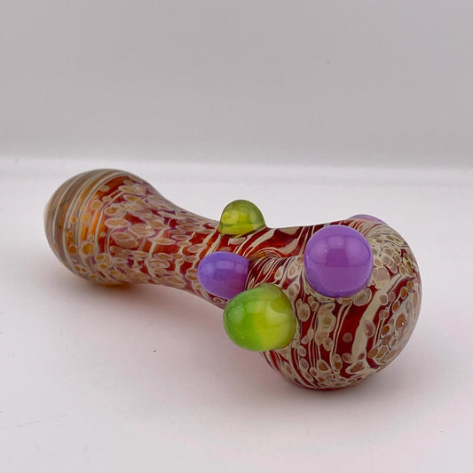 Wrap n Raked Red and Butterscotch Frit Silver Fumed Spoon Pipe