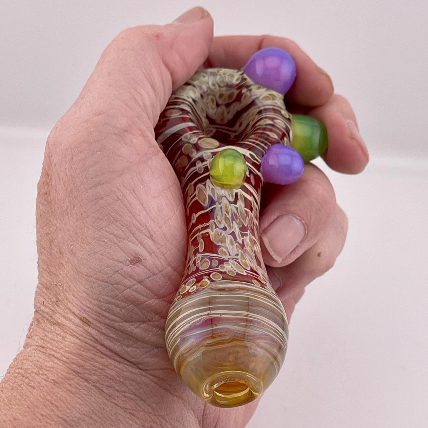 Wrap n Raked Red and Butterscotch Frit Silver Fumed Spoon Pipe