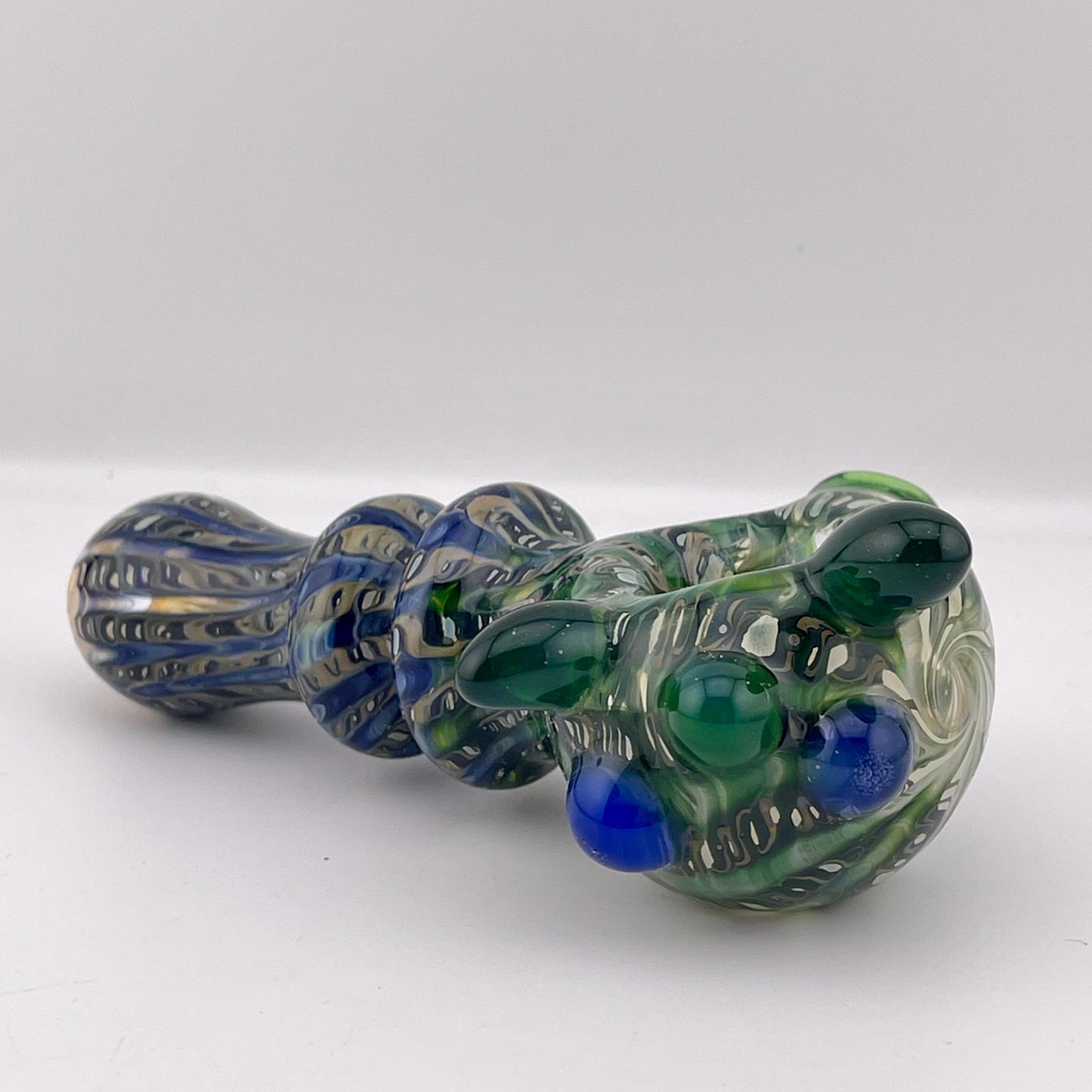 Wrap n Raked Blue and Green and Silver Fumed Spoon Pipe with light blue marbles