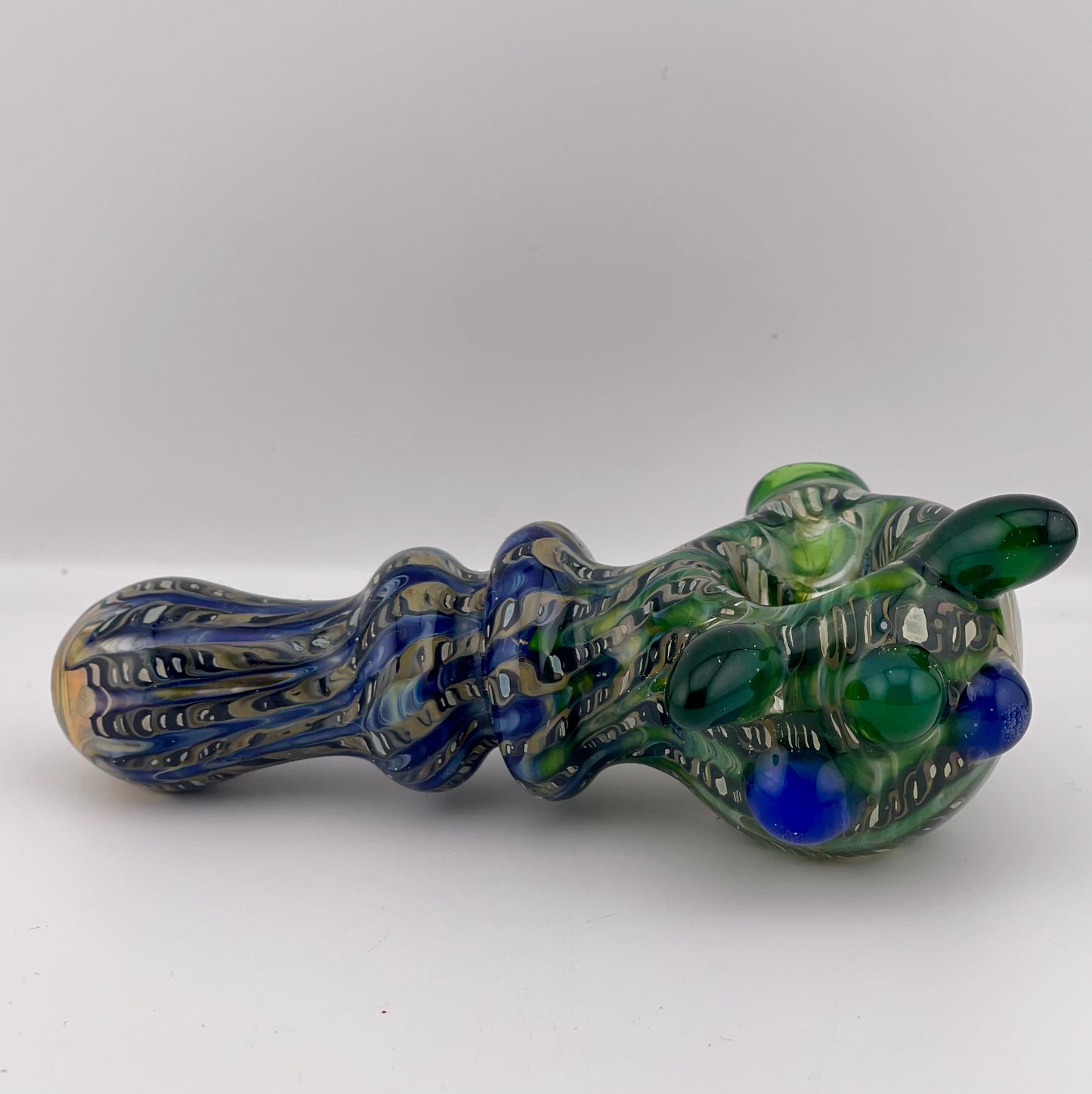 Wrap n Raked Blue and Green and Silver Fumed Spoon Pipe with light blue marbles