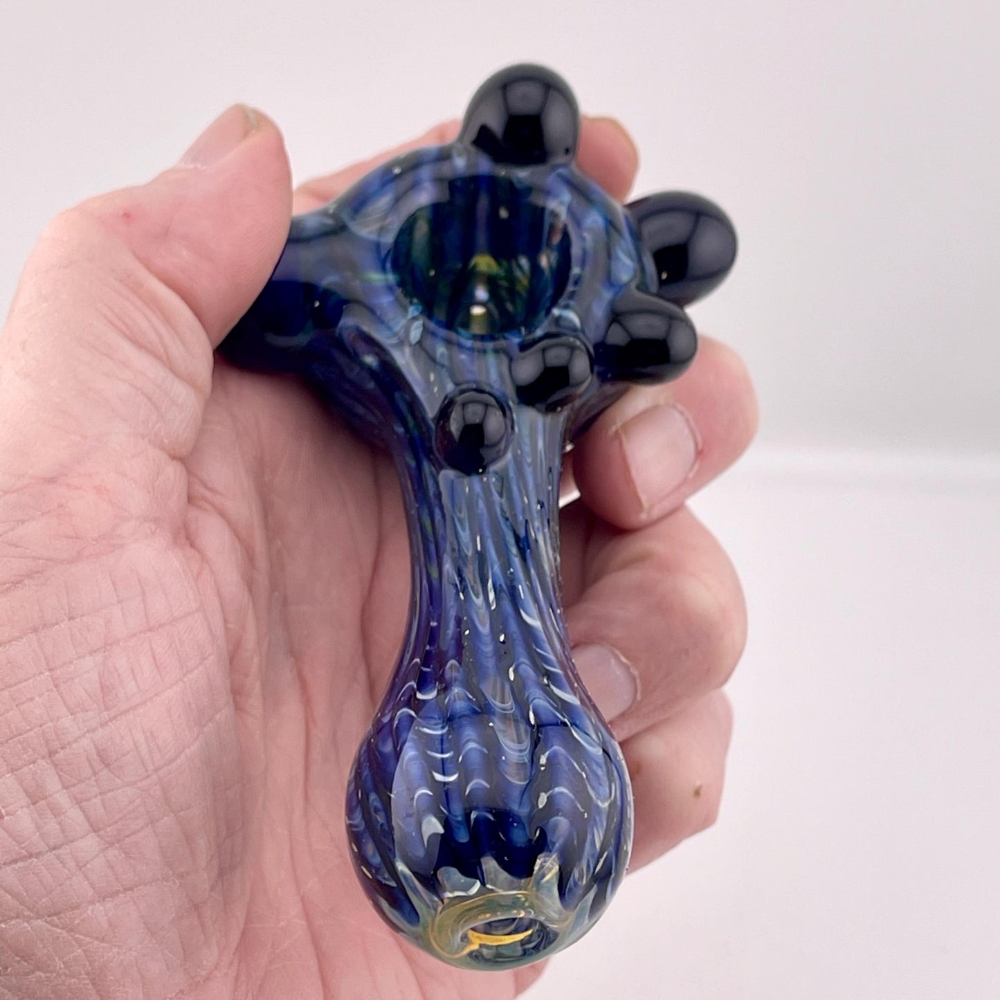 Wrap n Raked Blue and Silver Fumed Spoon Pipe with light blue marbles