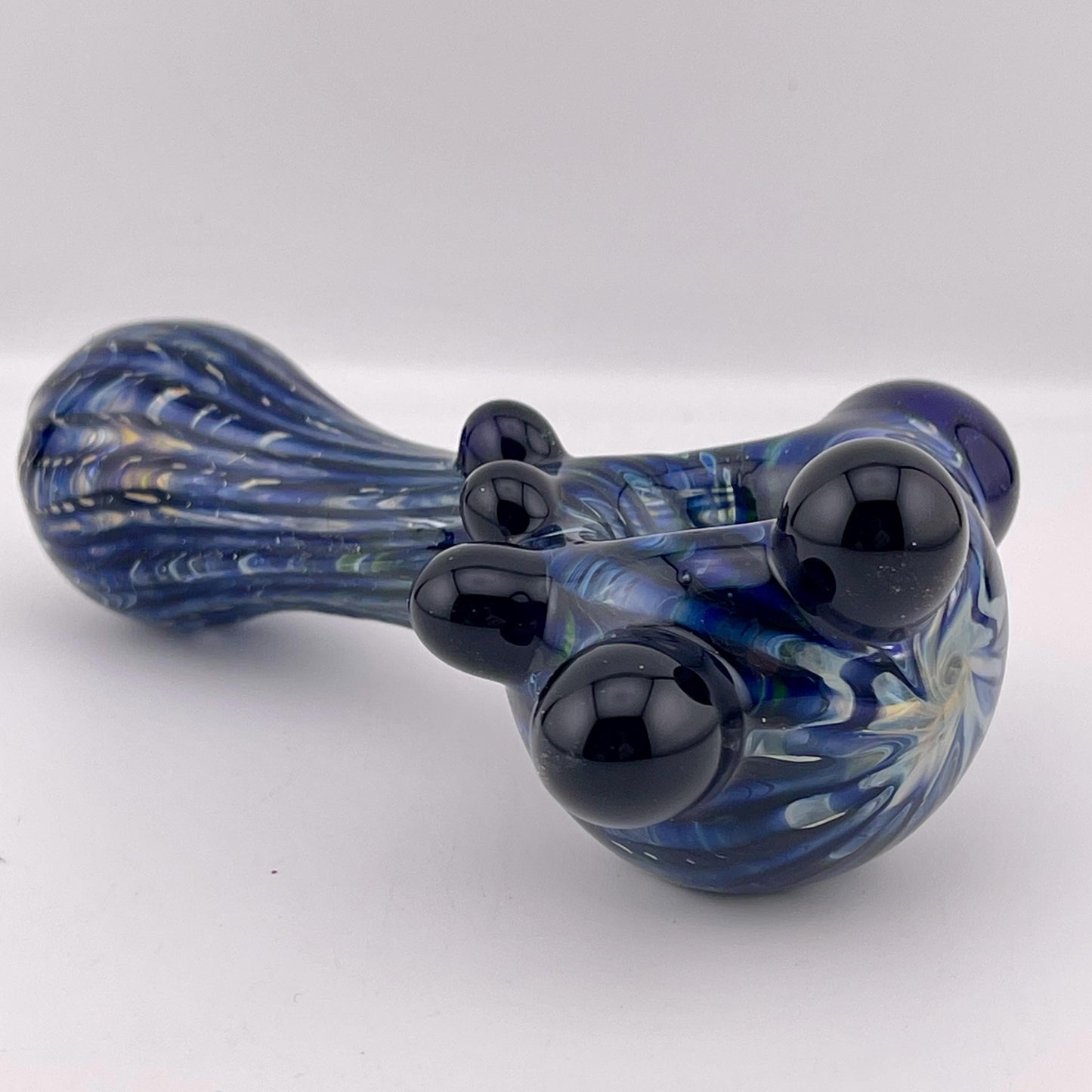 Wrap n Raked Blue and Silver Fumed Spoon Pipe with light blue marbles