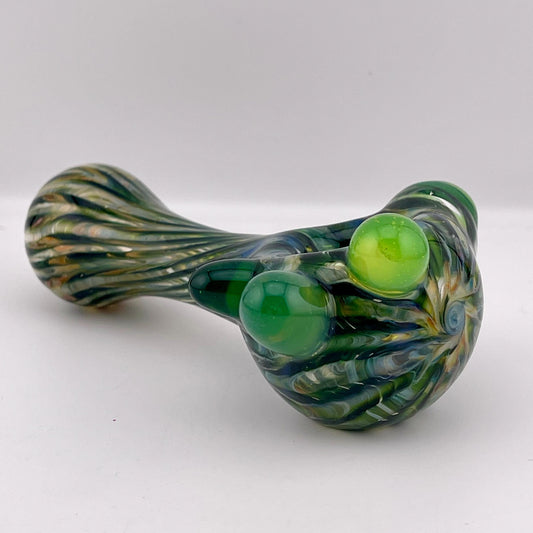 Wrap n Raked Green and Silver Fumed Spoon Pipe with green marbles