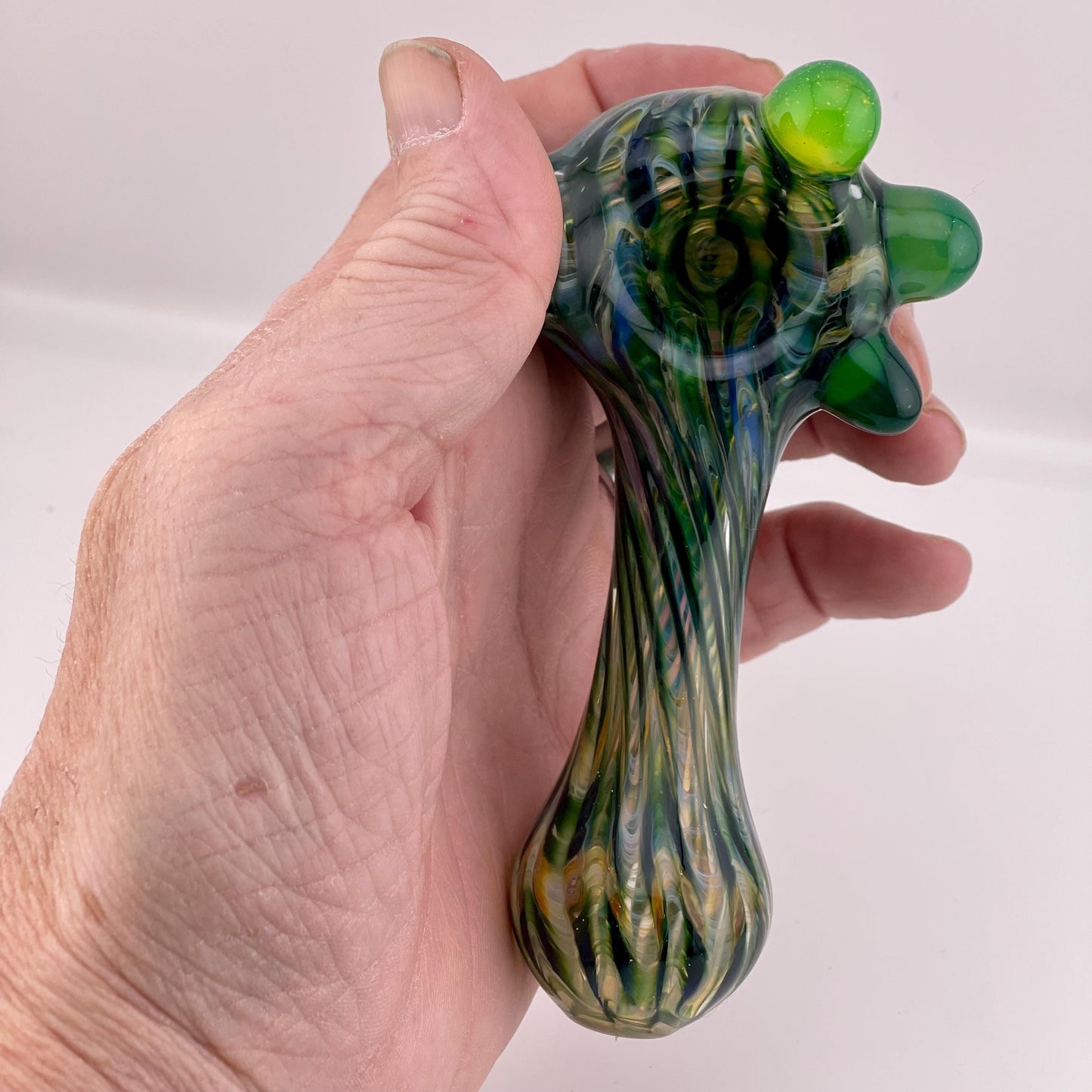 Wrap n Raked Green and Silver Fumed Spoon Pipe with green marbles