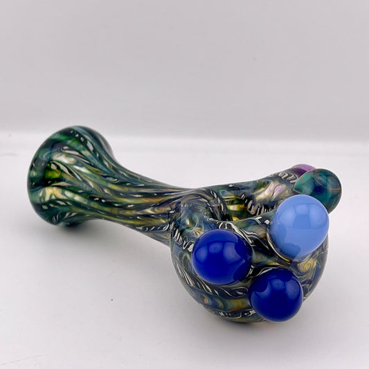 Wrap n Raked Blue and Silver Fumed Spoon Pipe with light blue and blue marbles