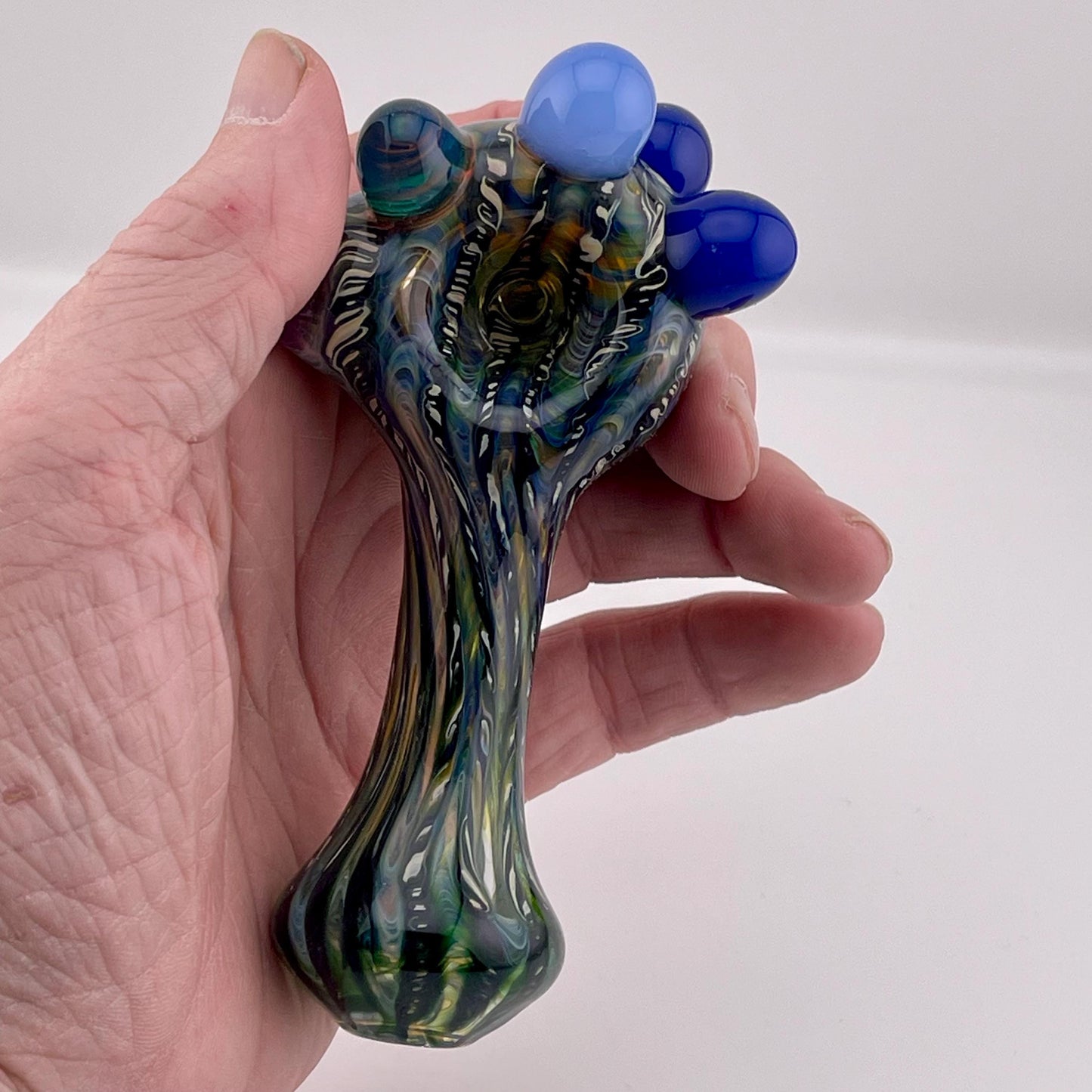 Wrap n Raked Blue and Silver Fumed Spoon Pipe with light blue and blue marbles