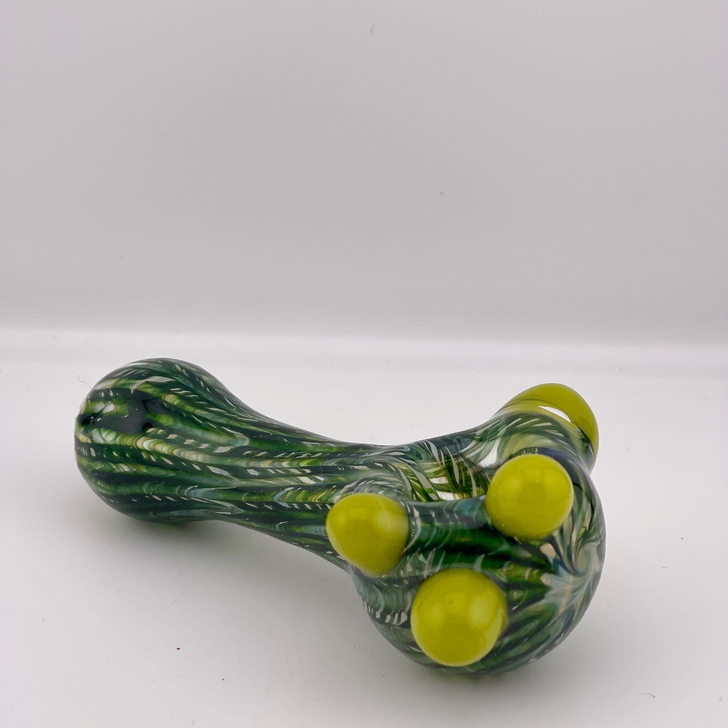 Wrap n Raked Green and Silver Fumed Spoon Pipe with yellow marbles