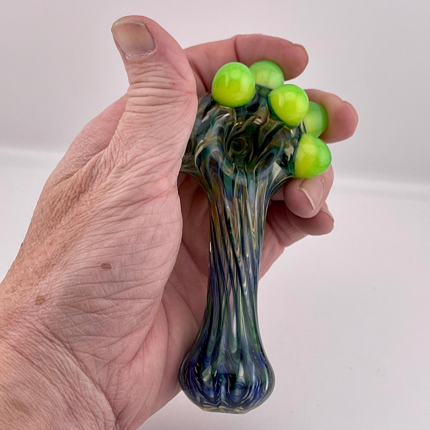 Wrap n Raked  Green and Slime Green marbles and Silver Fumed Spoon Pipe with light blue marbles