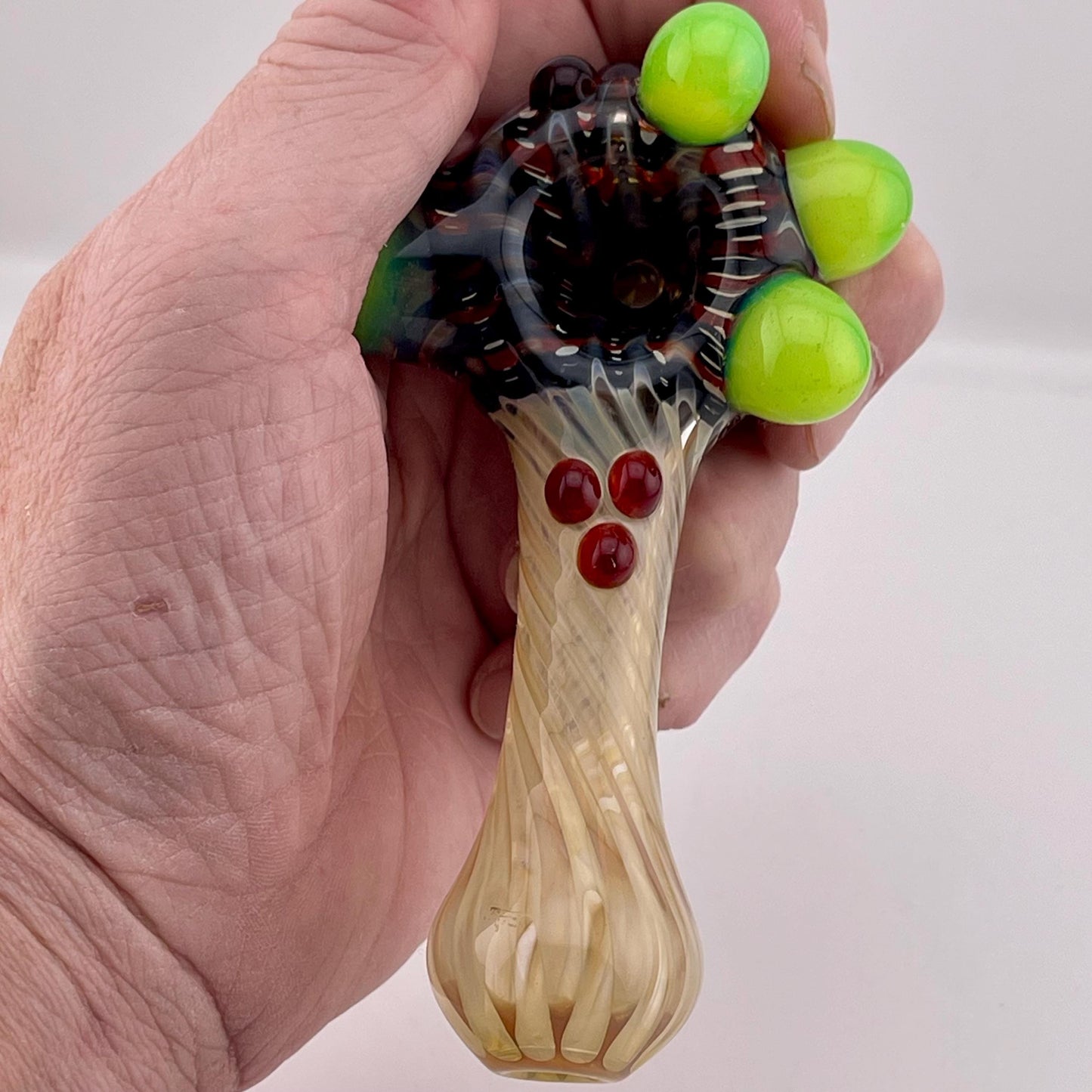 Wrap n Rake Twist Red n Blue and Silver Fumed Spoon Pipe with slime green marbles