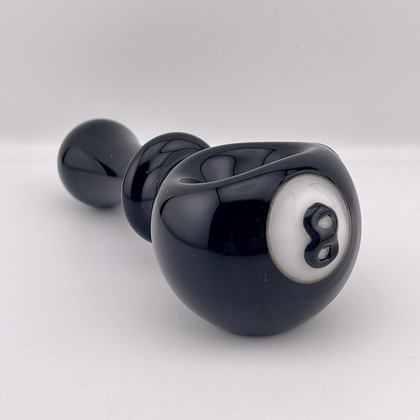 Solid Black 8 ball Spoon Pipe with white glow n the dark spiral