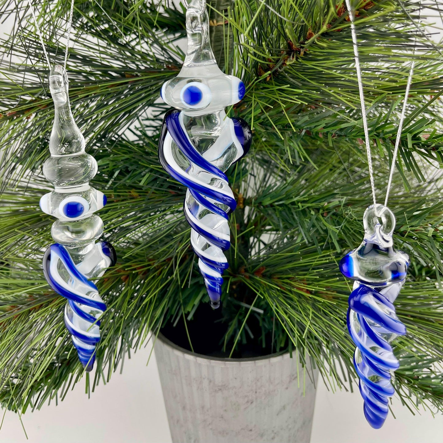 3 Pack of Cobalt Blue over Lotus White Glass Icicle Ornament Designs “Holiday Special”