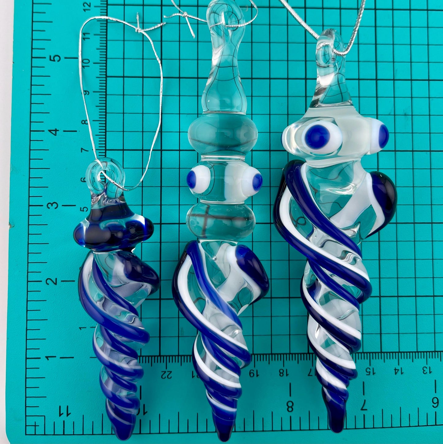 3 Pack of Cobalt Blue over Lotus White Glass Icicle Ornament Designs “Holiday Special”