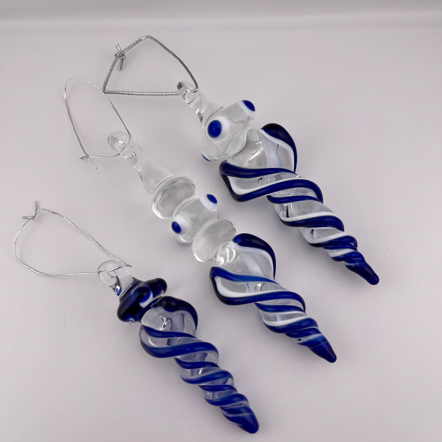 3 Pack of Cobalt Blue over Lotus White Glass Icicle Ornament Designs “Holiday Special”