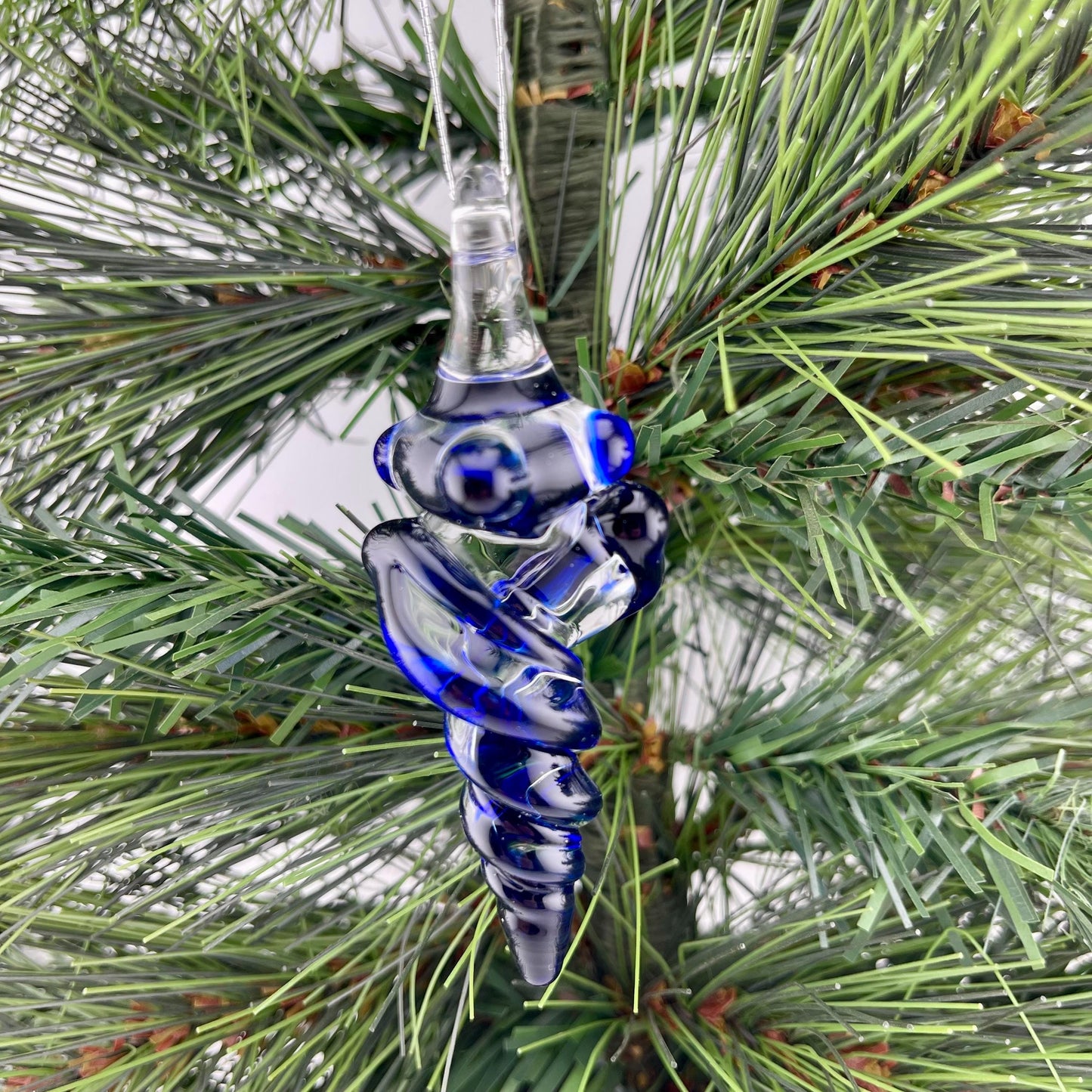 Mini Glass Icicle Ornament with Cobalt Blue Color Twist