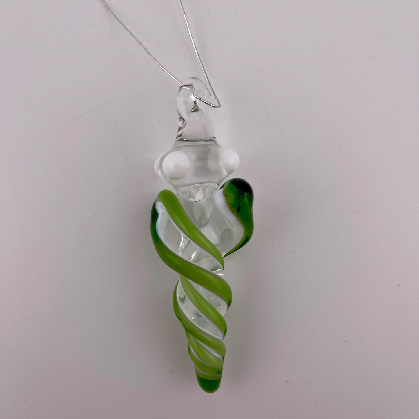 Mini Glass Icicle Ornament with Plantphibian Green over Lotus White Color Twist