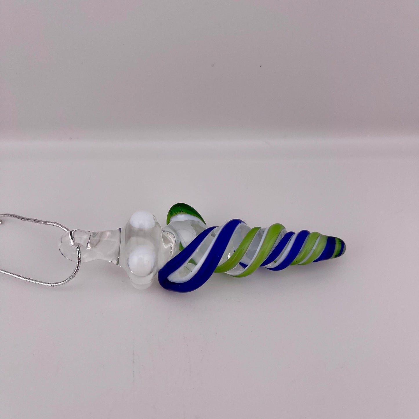 Mini Glass Icicle Ornament with Plantphibian Green and Cobalt Blue over Lotus White Color Twist