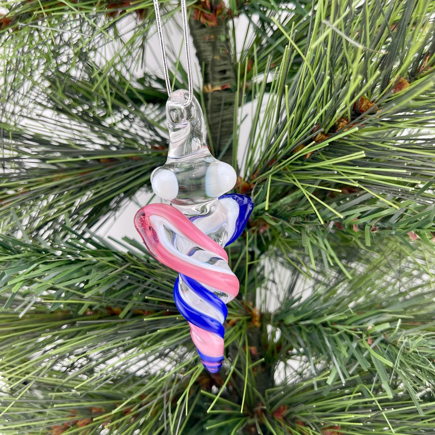 Mini Glass Icicle Ornament with Talemagenta and Cobalt Blue over Lotus White Color Twist