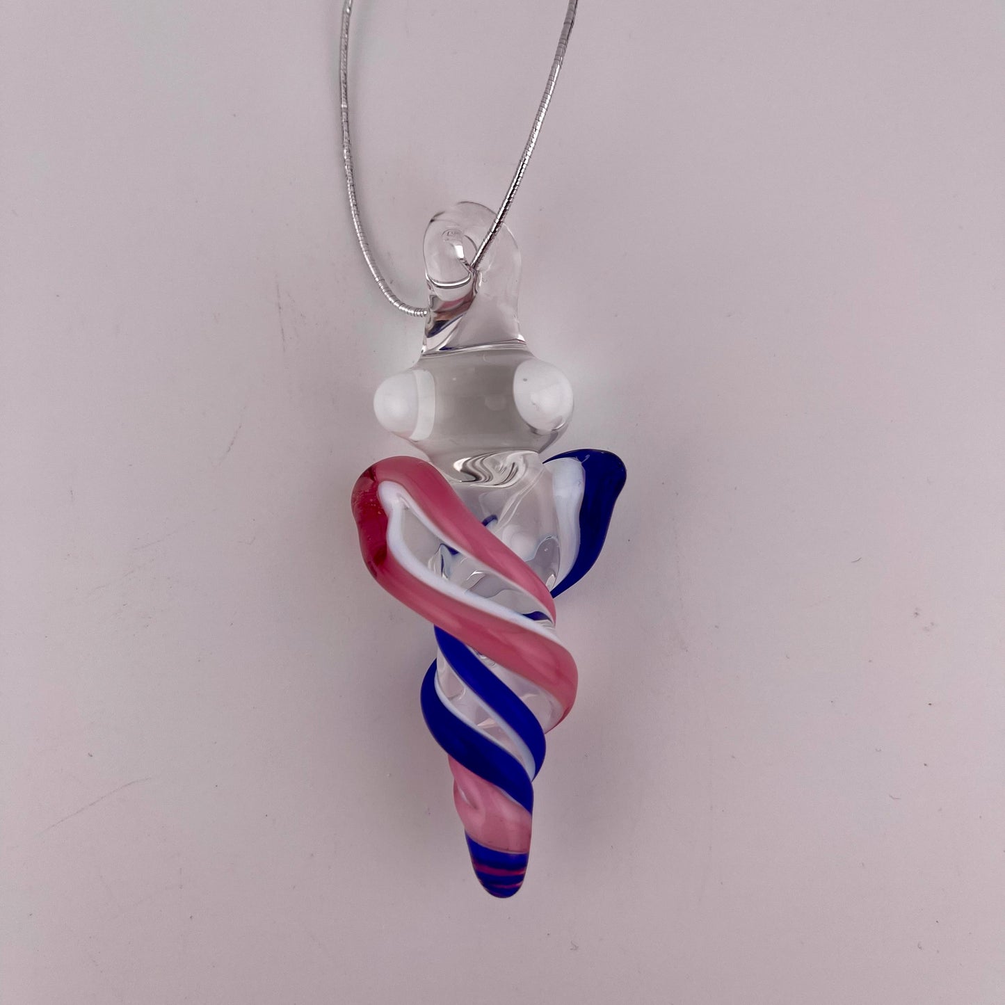 Mini Glass Icicle Ornament with Talemagenta and Cobalt Blue over Lotus White Color Twist