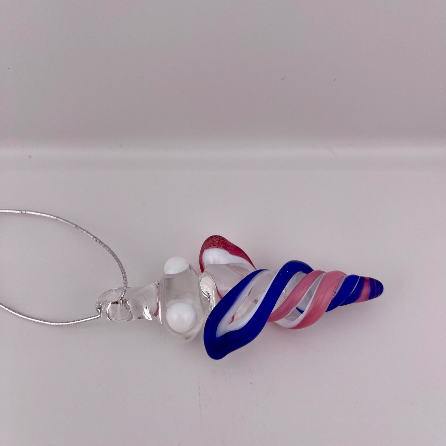 Mini Glass Icicle Ornament with Talemagenta and Cobalt Blue over Lotus White Color Twist