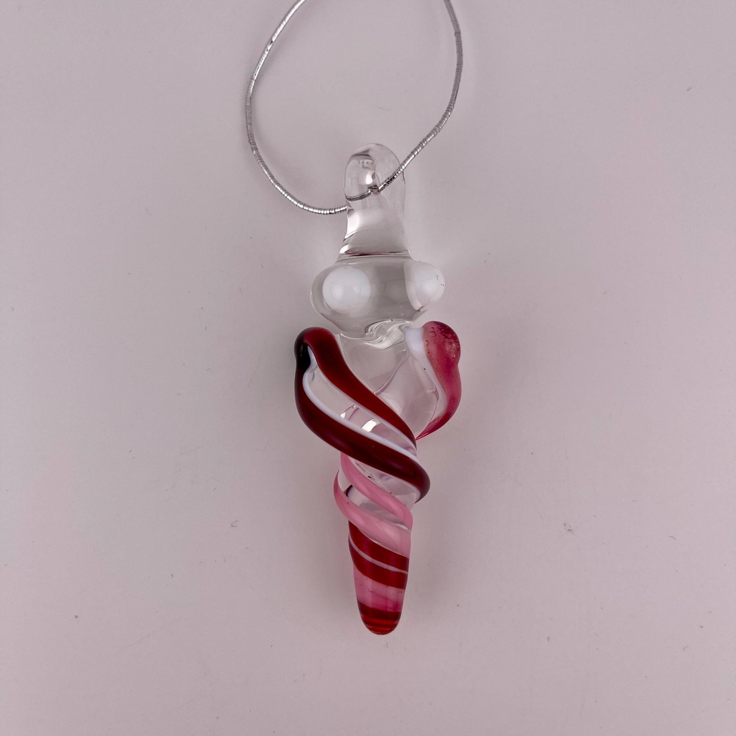 Mini Glass Icicle Ornament with Pink and Elvis Red over Lotus White Color Twist