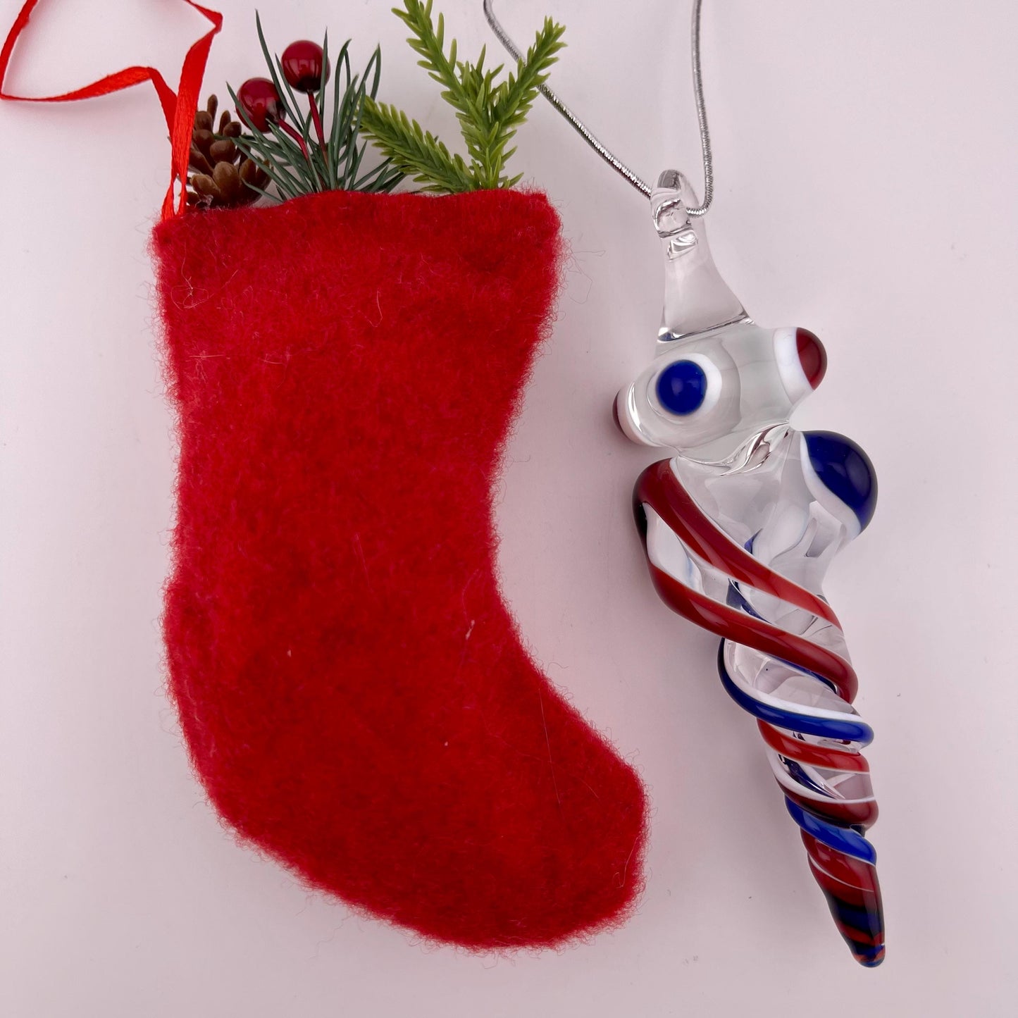 Large Elvis Red and Blue over Lotus White Glass Icicle Christmas Ornament