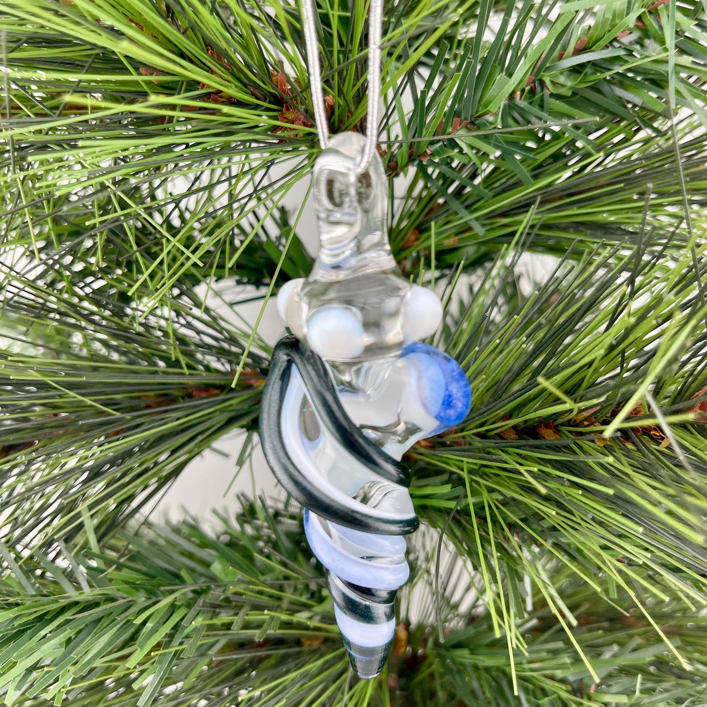 Mini Glass Icicle Ornament with Heavy Blue Leprechaun and Light Blue over Lotus White Color Twist