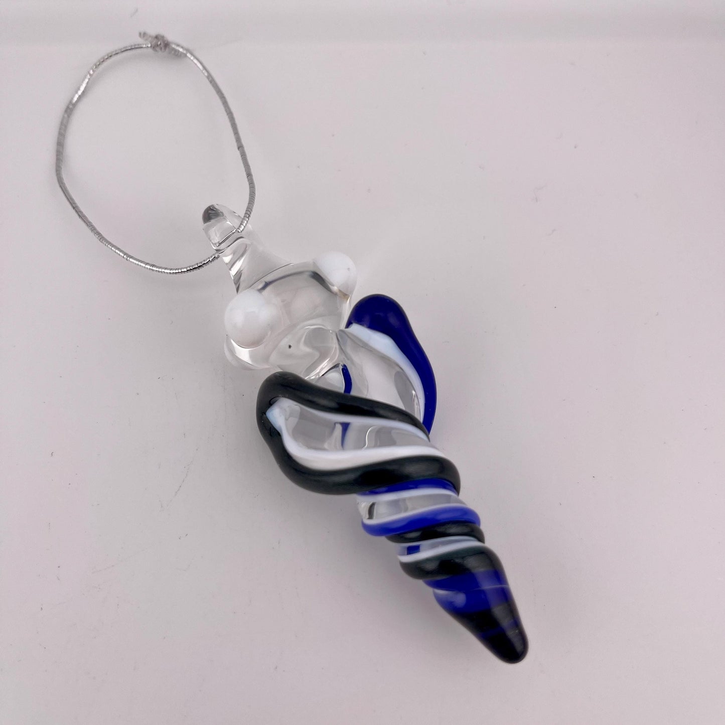 Mini Glass Icicle Ornament with Heavy Blue Leprechaun and Cobalt Blue over Lotus White Color Twister