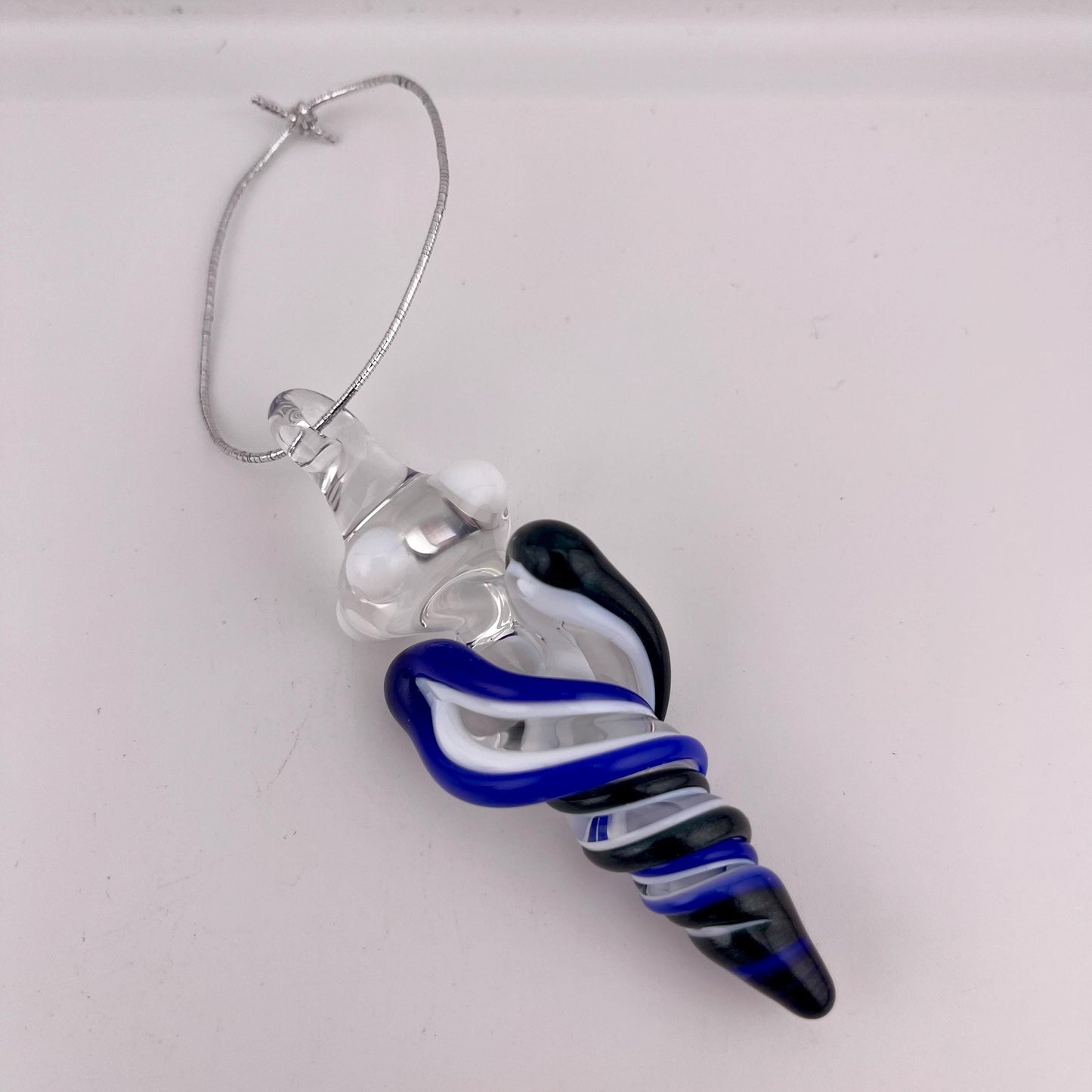 Mini Glass Icicle Ornament with Heavy Blue Leprechaun and Cobalt Blue over Lotus White Color Twister