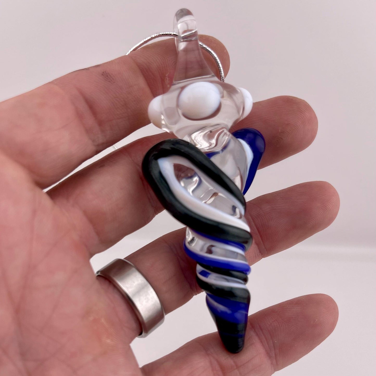 Mini Glass Icicle Ornament with Heavy Blue Leprechaun and Cobalt Blue over Lotus White Color Twister